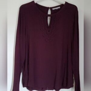Daniel Rainn Deep Plum Soft Long Sleeve Top, Applique Front and Back, XXL, 16-18